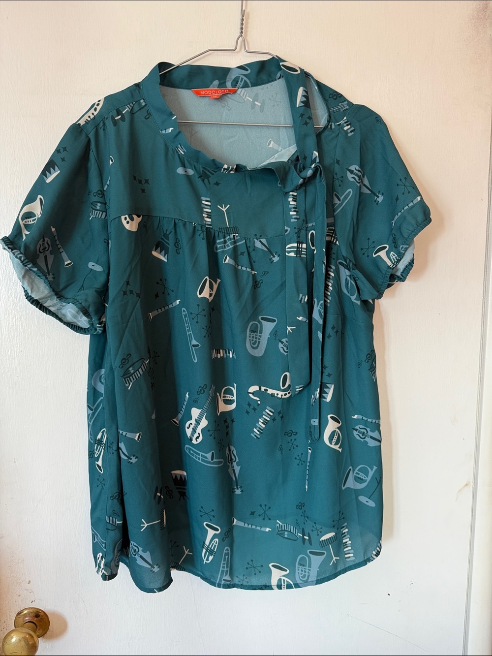 Modcloth Teal Printed Tie-Neck Whimsical Music Top Blouse Women’s 1X